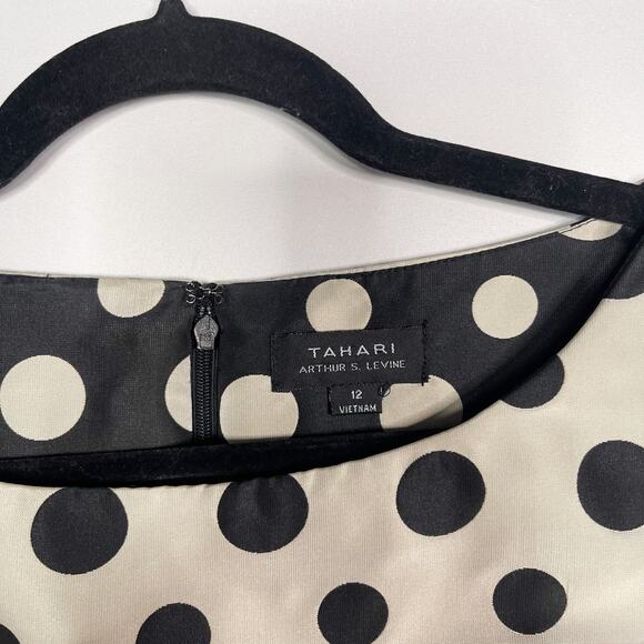 Tahari Size 12 Cream Black Polka Dot Contrast Sheath Dress Pockets Sleeveless - Picture 9 of 12